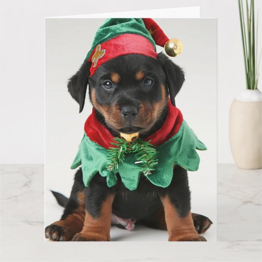 Rottweiler Elf Puppy Kerst Kaart (Voorkant)