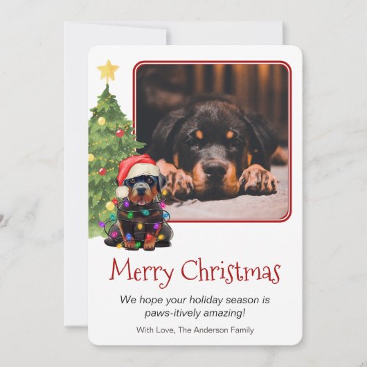 Rottweiler en kerstboomfoto's Pet Dog Eén foto Feestdagenkaart (Voorkant)