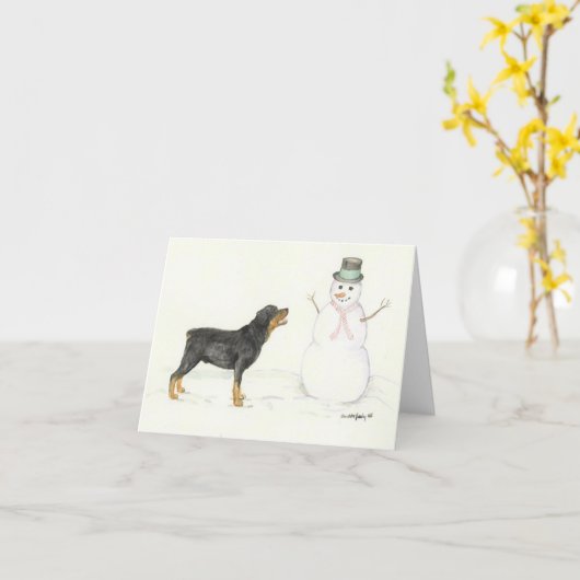Rottweiler en Snowman Dog Art Note Card Kaart (Gele Bloem)