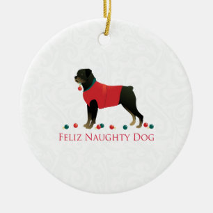 Rottweiler Feliz Naughty Dog-kerstontwerp Keramisch Ornament