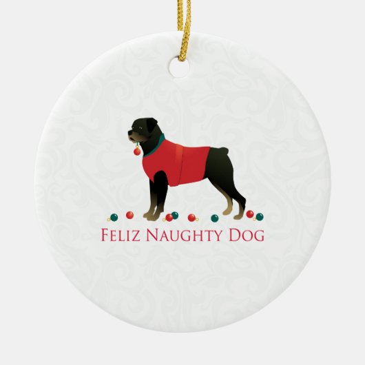 Rottweiler Feliz Naughty Dog-kerstontwerp Keramisch Ornament (Voorkant)