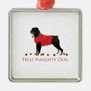 Rottweiler Feliz Naughty Dog-kerstontwerp Metalen Ornament