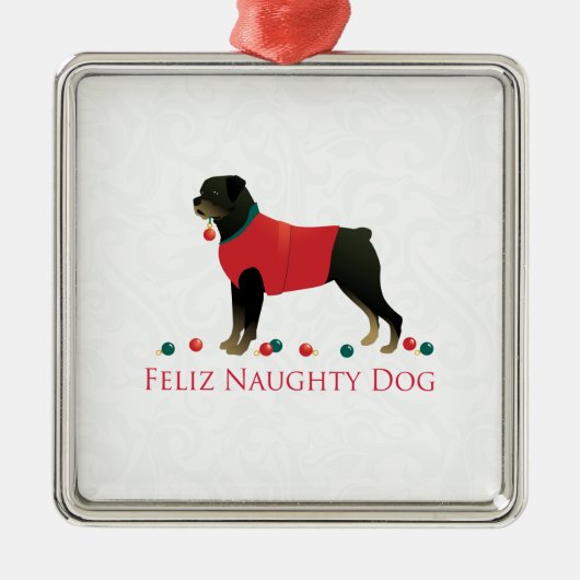Rottweiler Feliz Naughty Dog-kerstontwerp Metalen Ornament (Voorkant)