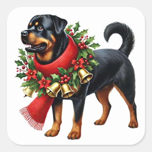 Rottweiler gekleed voor kerst vierkante sticker (Voorkant)
