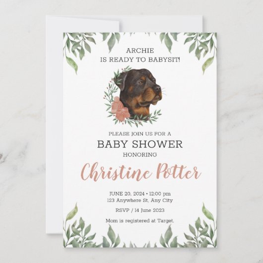 Rottweiler Girl Dog Boho Greenery Baby shower Kaart (Voorkant)