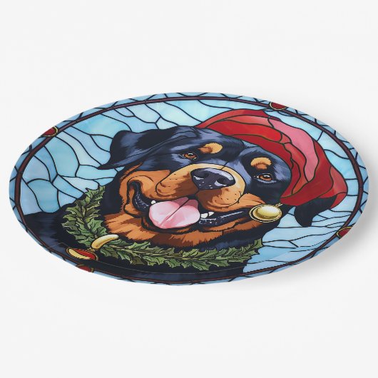 Rottweiler Glas in lood Kerst Papieren Bordje (Gekanteld)