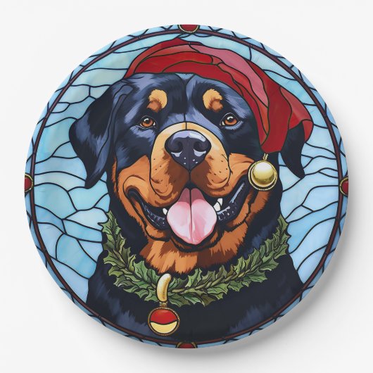 Rottweiler Glas in lood Kerst Papieren Bordje (Voorkant)