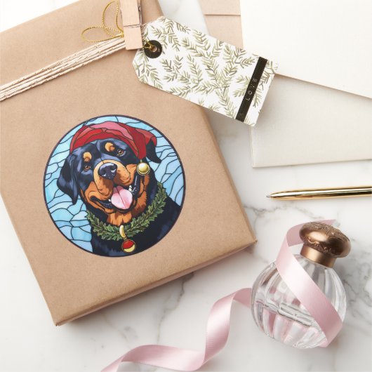 Rottweiler Glas in lood Kerst Ronde Sticker (Geschenken)