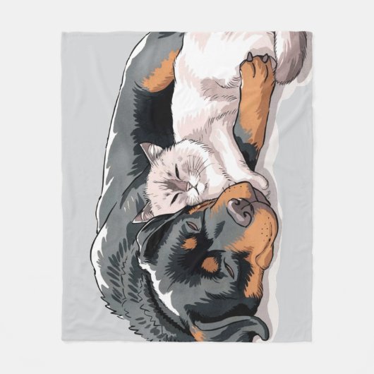 Rottweiler hond en kat fleece deken liefde knuffel (Voorkant)