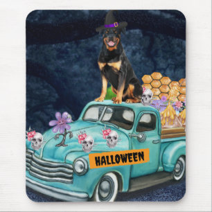 Rottweiler hond Halloween vrachtwagen eng nacht Muismat