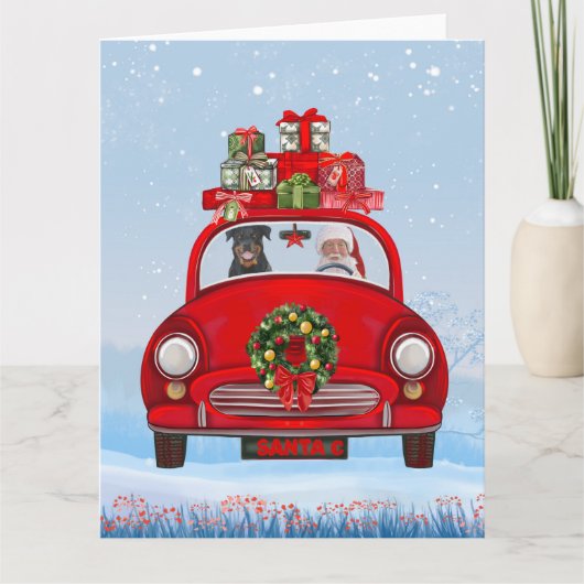 Rottweiler-hond in auto met kerstman kaart (Voorkant)