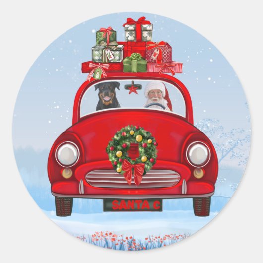 Rottweiler-hond in auto met kerstman ronde sticker (Voorkant)