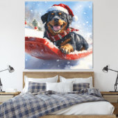 Rottweiler Hond in Sledge Laat het Sneeuw Kerstmis Canvas Afdruk (Insitu (Slaapkamer))