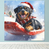 Rottweiler Hond in Sledge Laat het Sneeuw Kerstmis Canvas Afdruk (Insitu (Houten vloer))