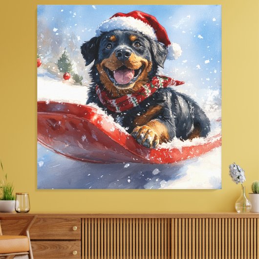 Rottweiler Hond in Sledge Laat het Sneeuw Kerstmis Canvas Afdruk (Insitu (Woonkamer))