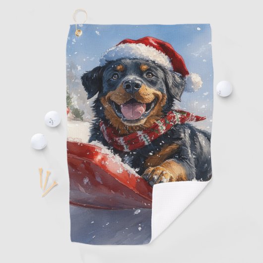 Rottweiler Hond in Sledge Laat het Sneeuw Kerstmis Golfhanddoek (Insitu)