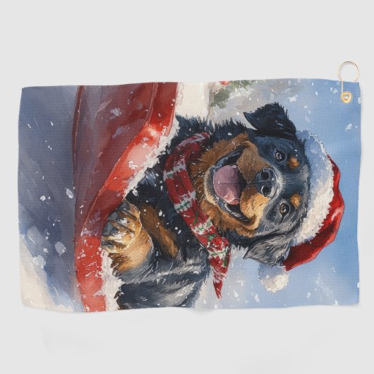 Rottweiler Hond in Sledge Laat het Sneeuw Kerstmis Golfhanddoek (Horizontaal)
