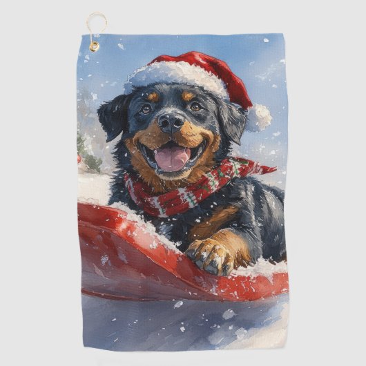 Rottweiler Hond in Sledge Laat het Sneeuw Kerstmis Golfhanddoek (Voorkant)