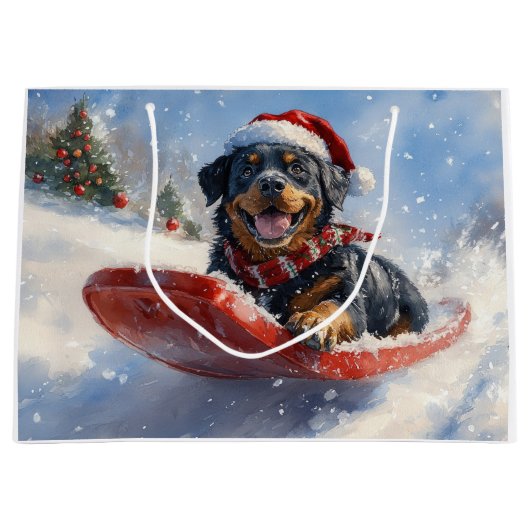 Rottweiler Hond in Sledge Laat het Sneeuw Kerstmis Groot Cadeauzakje (Voorkant)