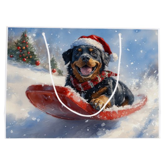 Rottweiler Hond in Sledge Laat het Sneeuw Kerstmis Groot Cadeauzakje (Achterkant)