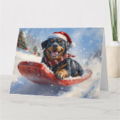 Rottweiler Hond in Sledge Laat het Sneeuw Kerstmis Kaart (Voorkant)