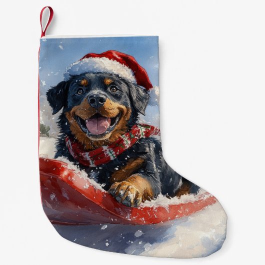 Rottweiler Hond in Sledge Laat het Sneeuw Kerstmis Kleine Kerstsok (Voorkant)