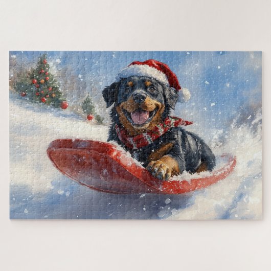Rottweiler Hond in Sledge Laat het Sneeuw Kerstmis Legpuzzel (Horizontaal)