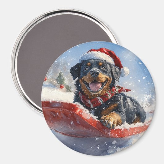 Rottweiler Hond in Sledge Laat het Sneeuw Kerstmis Magneet (Voorkant / Achterkant)