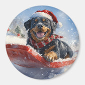 Rottweiler Hond in Sledge Laat het Sneeuw Kerstmis Magneet (Voorkant)