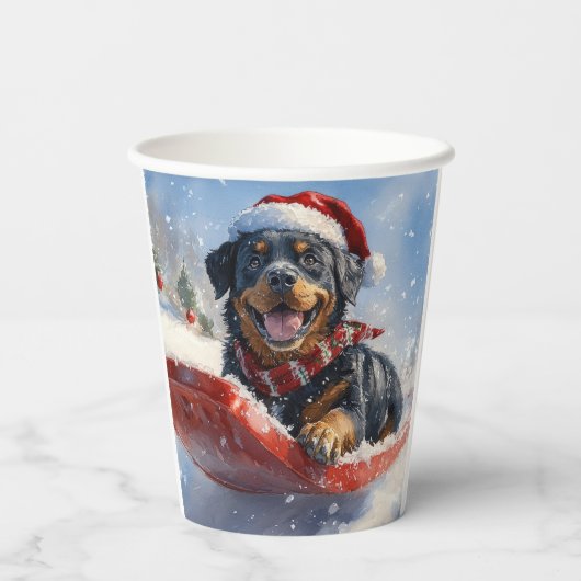 Rottweiler Hond in Sledge Laat het Sneeuw Kerstmis Papieren Bekers (Achterkant)