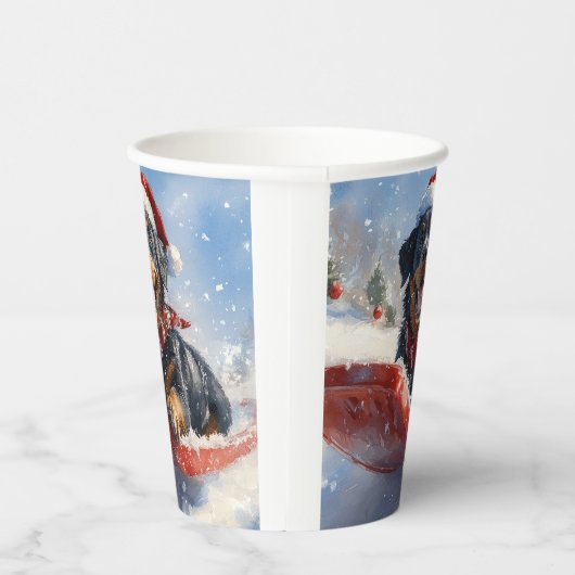 Rottweiler Hond in Sledge Laat het Sneeuw Kerstmis Papieren Bekers (Rechts)