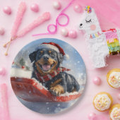 Rottweiler Hond in Sledge Laat het Sneeuw Kerstmis Papieren Bordje (Feest)