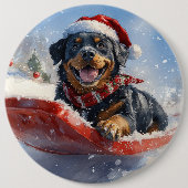 Rottweiler Hond in Sledge Laat het Sneeuw Kerstmis Ronde Button 6,0 Cm (Voorkant)