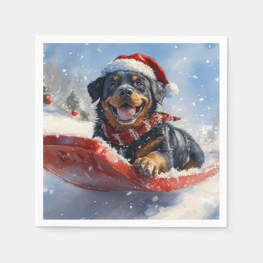 Rottweiler Hond in Sledge Laat het Sneeuw Kerstmis Servet (Voorkant)