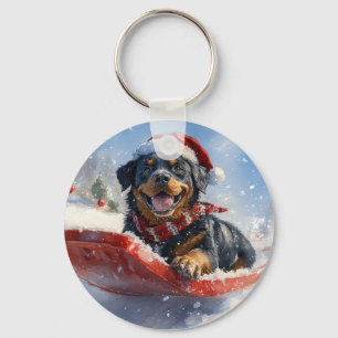 Rottweiler Hond in Sledge Laat het Sneeuw Kerstmis Sleutelhanger