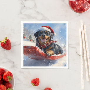Rottweiler-hond in slee laat het sneeuwen Kerstmis Servet