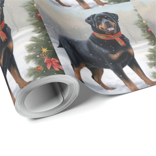 Rottweiler Hond in Sneeuw Kerstmis Cadeaupapier (Rol Hoek)