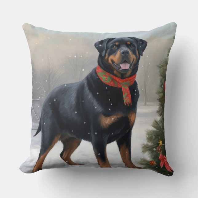 Rottweiler Hond in Sneeuw Kerstmis Kussen (Voorkant)