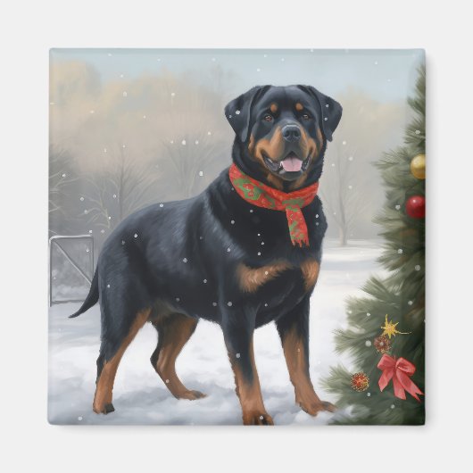 Rottweiler hond in sneeuw Kerstmis Magneet (Voorkant)