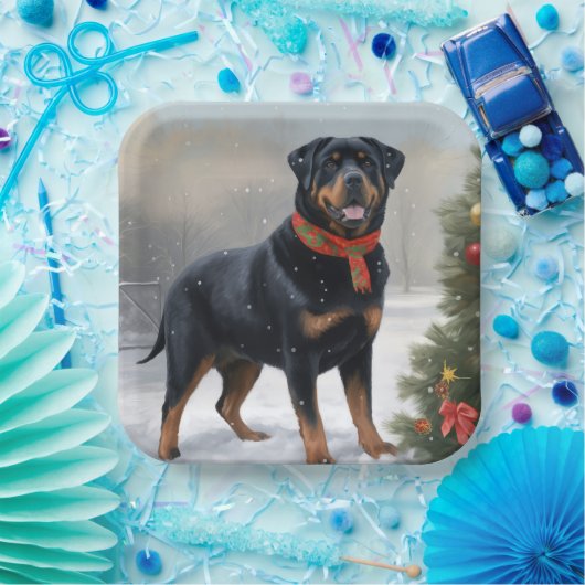 Rottweiler Hond in Sneeuw Kerstmis Papieren Bordje (Feest)