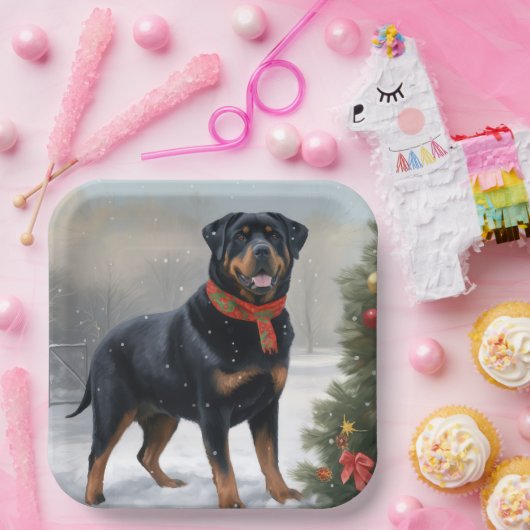 Rottweiler Hond in Sneeuw Kerstmis Papieren Bordje (Feest)