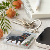 Rottweiler Hond in Sneeuw Kerstmis Sleutelhanger (Voorkant Rechts)