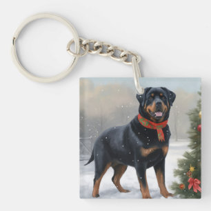 Rottweiler Hond in Sneeuw Kerstmis Sleutelhanger