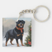 Rottweiler Hond in Sneeuw Kerstmis Sleutelhanger (Achterkant)