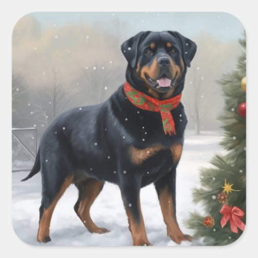Rottweiler Hond in Sneeuw Kerstmis Vierkante Sticker (Voorkant)