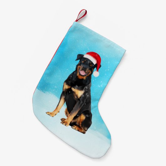 Rottweiler Hond in Sneeuw Met Santa Hoed Kleine Kerstsok (Voorkant (Hangend))