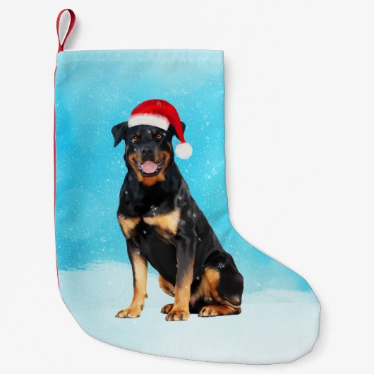 Rottweiler Hond in Sneeuw Met Santa Hoed Kleine Kerstsok (Voorkant)