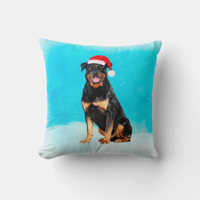 Rottweiler Hond in Sneeuw Met Santa Hoed Kussen (Voorkant)