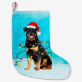 Rottweiler Hond in Sneeuw Met Santa Hoed Lichten Kleine Kerstsok (Voorkant)