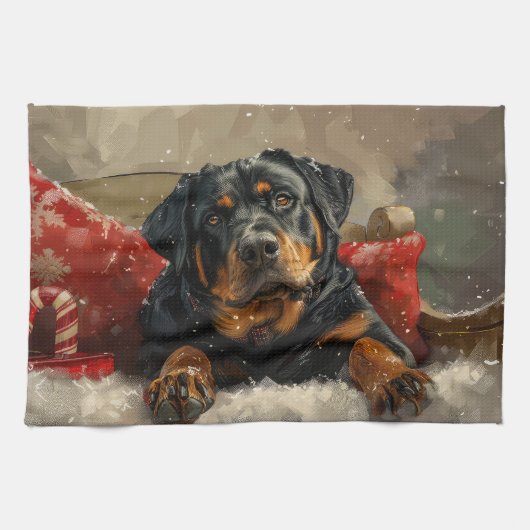 Rottweiler Hond Kerst Feestelijk Theedoek (Horizontaal)
